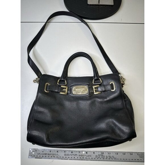 Michael Kors Hamilton Bag Black Leather Crossbody Gold Chain Large Size - Picture 9 of 12
